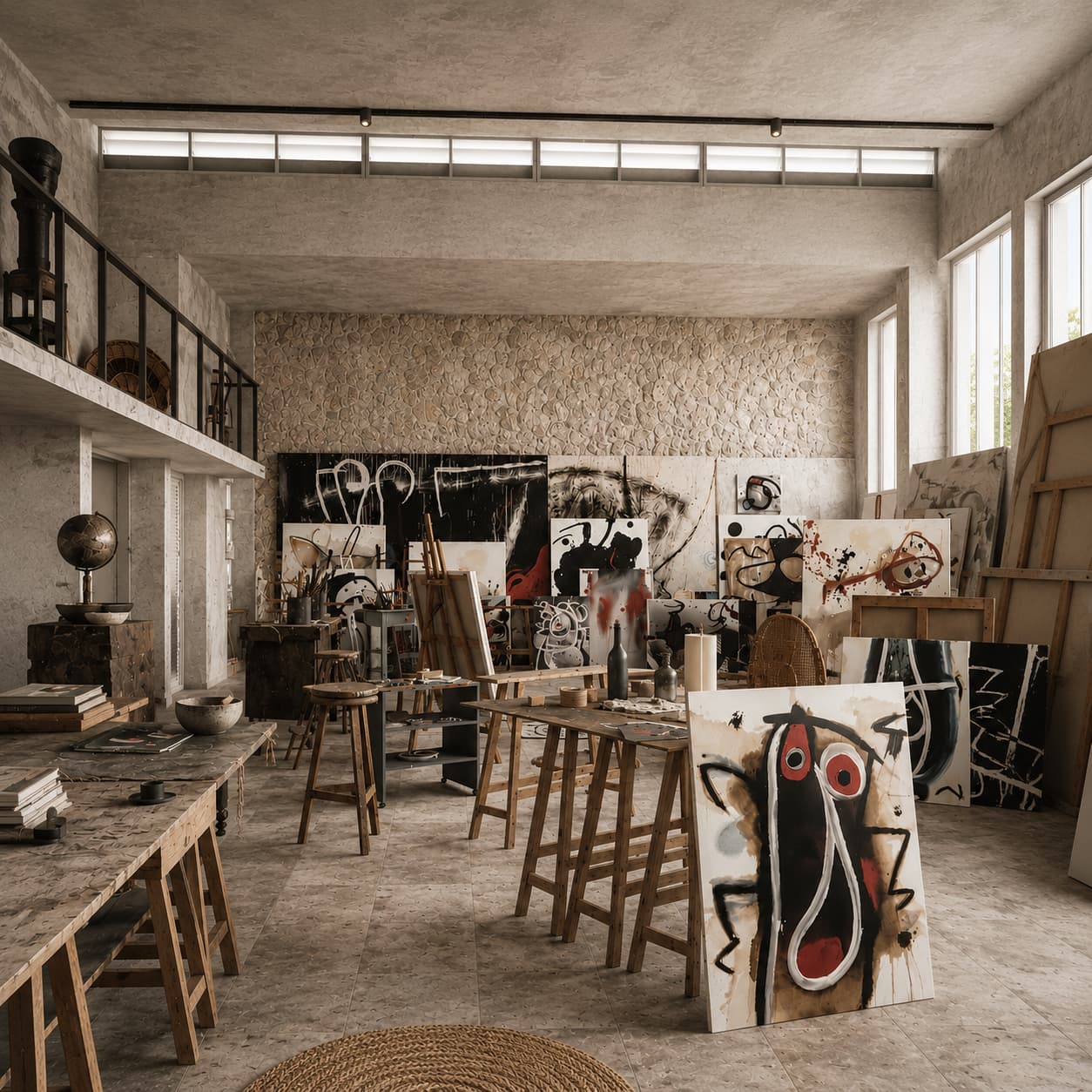 Sunlit art studio with concrete walls, tables, canvases, and material studies